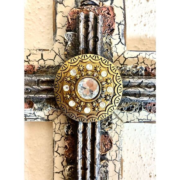 Montana West 20” Rustic Western Crackled Wooden Metal Bling Wall Cross - Picture 2 of 7